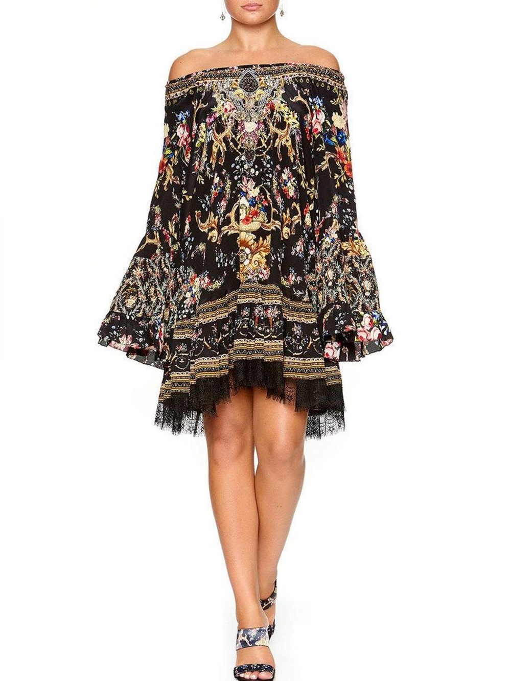 Camilla Friend In Flora Silk A-Line Mini Dress Floral Off Shoulder Embellished